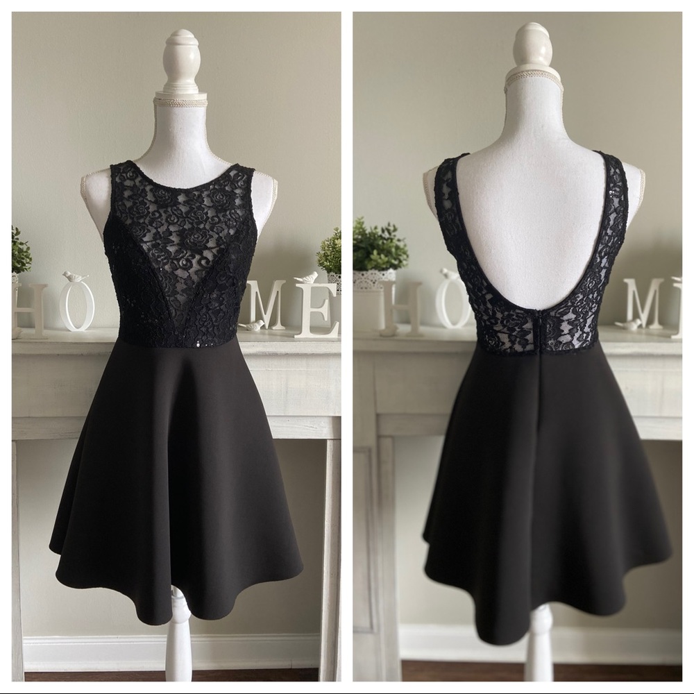 Papaya-Black Lace/Sequin Dress With Neoprene skirt